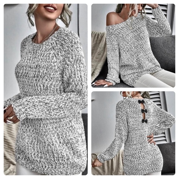 Sweaters - Gorgeous Grey Long Sleeve Sweater with Black Bow Cutout Detail